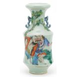 Chinese Canton celadon glazed vase with ruyi handles hand painted in the famille rose palette with