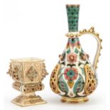 Zsolnay Pecs, Hungarian reticulated handled vessel and reticulated vase, each hand painted with