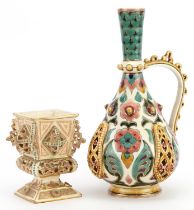 Zsolnay Pecs, Hungarian reticulated handled vessel and reticulated vase, each hand painted with