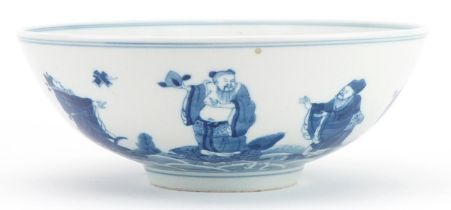 Chinese porcelain footed bowl hand painted with immortals above crashing waves, six figure character