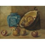 Still life apples with a Chinese jar, 19th century watercolour, mounted, framed and glazed, 47cm x