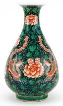 Chinese porcelain vase hand painted in the famille noire palette with phoenixes amongst flowers, six