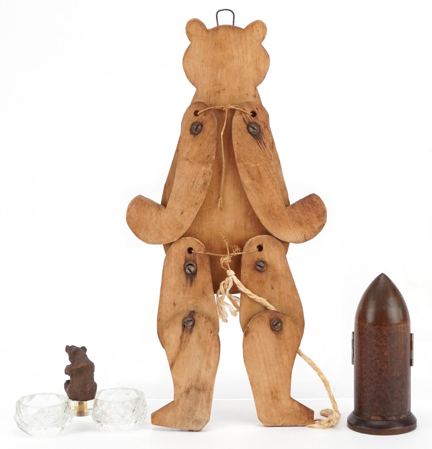 Treen objects including a carved Black Forest bear surmounted on twin divisional glass dish and - Image 2 of 3