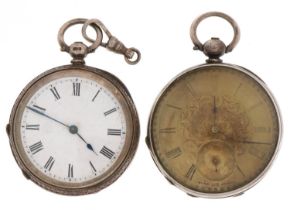 Two ladies silver pocket watches including one with floral chased dial numbered 20408, each 40mm