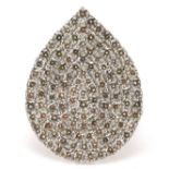 Large 9ct white gold six tier pave set diamond teardrop cocktail ring, total diamond weight