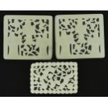 Three Chinese green jade panels carved with three figures, 7.2cm wide : For further information on