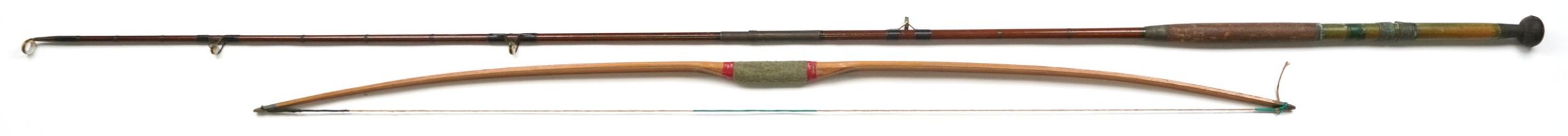 Hardwood longbow and a two piece cane fishing rod, the largest 225cm in length : For further
