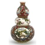 Japanese triple gourd vase with reticulated section hand painted with flowers, four figure character