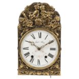 19th century French wall clock with brass face embossed with Putti playing having enamelled dial