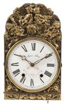 19th century French wall clock with brass face embossed with Putti playing having enamelled dial