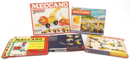 Five vintage Meccano construction sets with boxes including numbers 09514 and outfit number 4 :