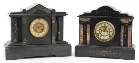 Two Victorian black slate and marble mantle clocks with columns including an Ansonia Clock Co