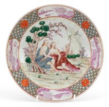 Chinese European export porcelain plate hand painted with two semi nude figures in a landscape, 23cm