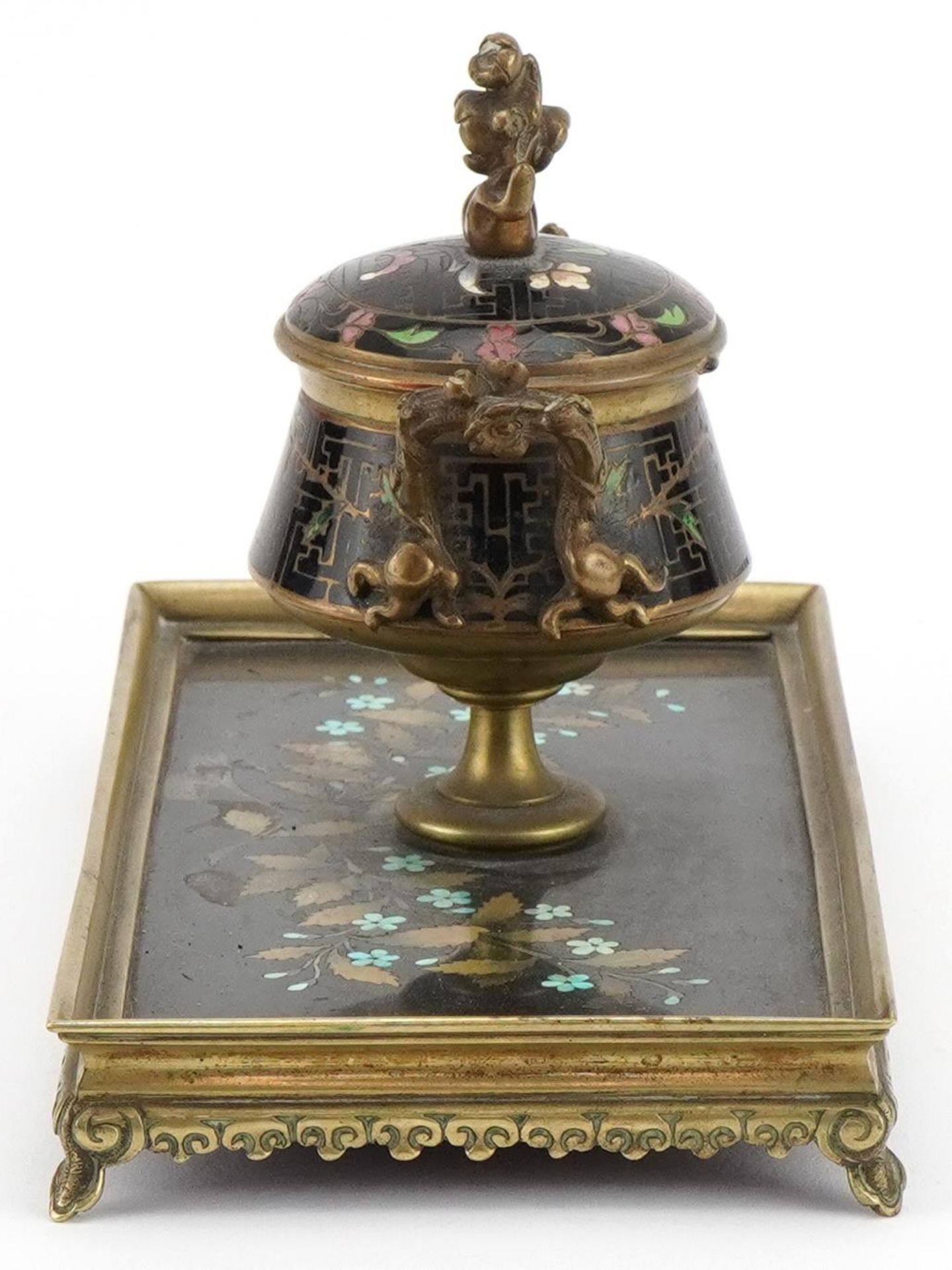 19th century ornate brass pietra dura and cloisonne desk inkwell with glass liner finely inlaid - Image 4 of 8