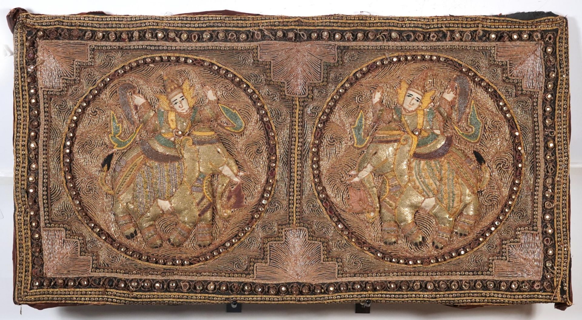 Indian textile wall hanging embroidered with deities on elephant back, unframed, 90cm x 47cm : For