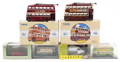 Six diecast model vehicles with boxes comprising four Corgi buses and two Vanguards examples : For