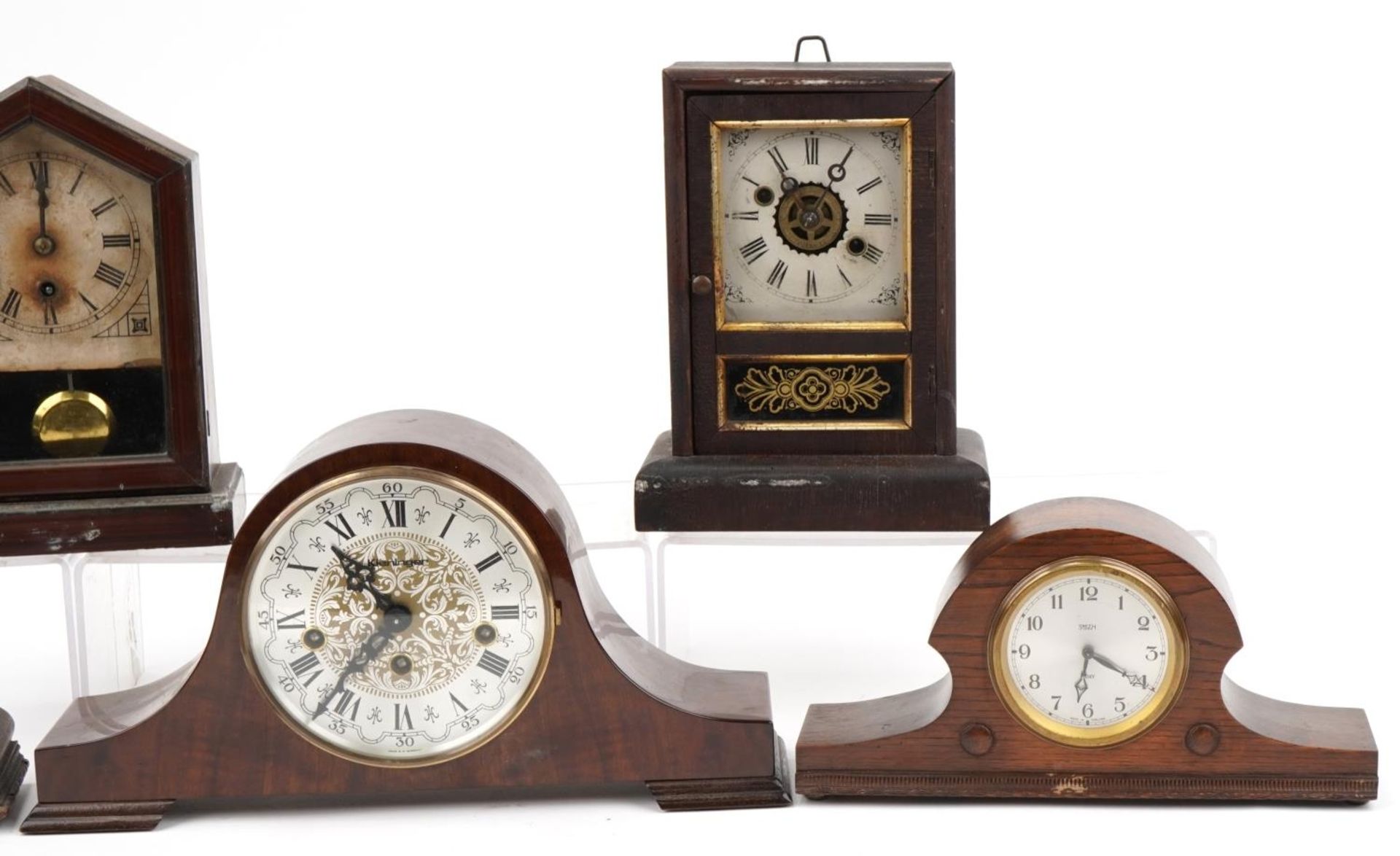 Five oak and mahogany mantle clocks including Smith Lever and Kieninger, the largest 36cm wide : For - Image 3 of 5