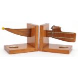 Pair of rowing interest hardwood bookends with coat of arms, the largest 27cm wide : For further