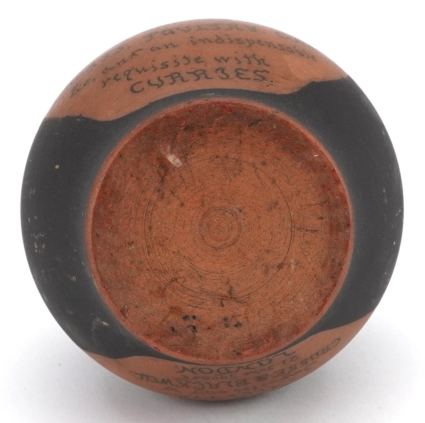 19th century terracotta Bengal Chutney advertising jar prepared by Shalk Abdool Fyco, 10cm high : - Image 3 of 3