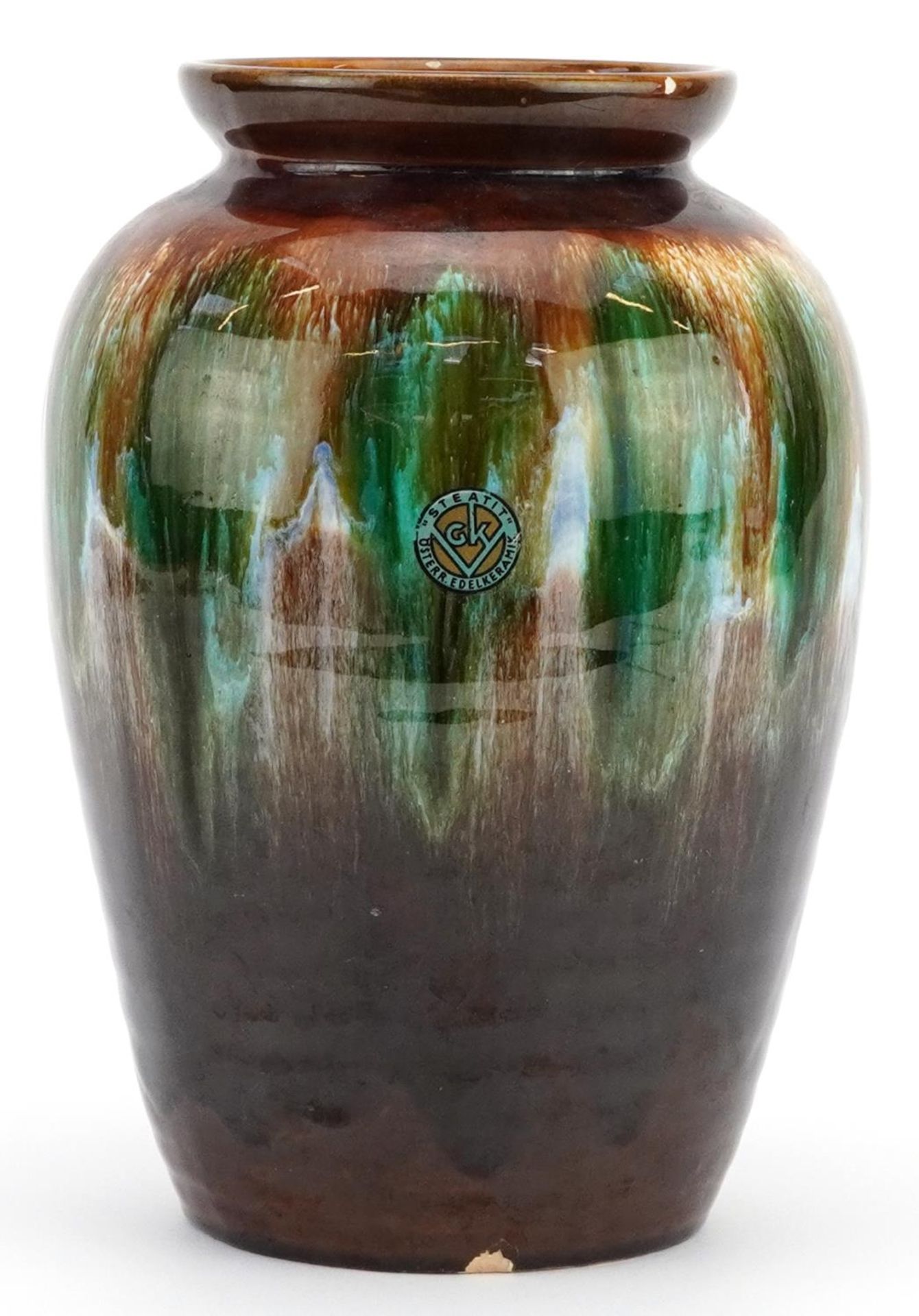 Austrian Arts & Crafts vase having a mottled brown and green glaze with Steatit Osterr Edelkeramik - Image 2 of 5
