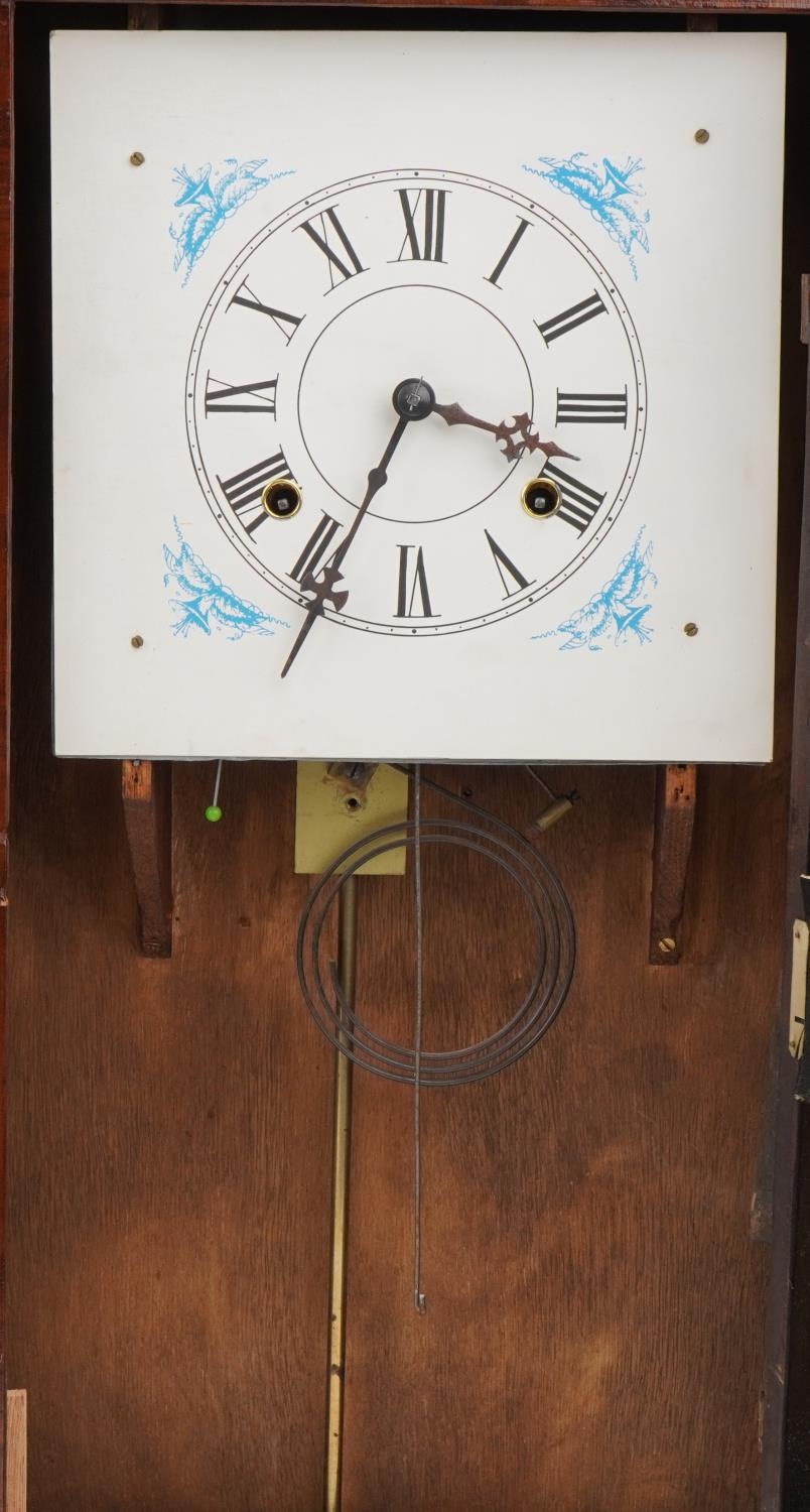 Three American walnut wall clocks with painted panels and dials having Roman numerals, each 66cm x - Image 4 of 5