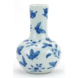 Chinese blue and white porcelain vase hand painted with butterflies amongst flowers, four figure