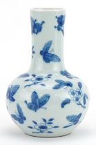 Chinese blue and white porcelain vase hand painted with butterflies amongst flowers, four figure