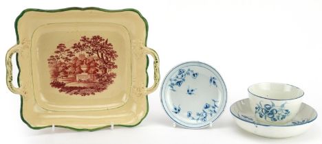 Early 19th century ceramics including pearlware tea bowl with saucer and twin handled dish printed