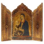 Russian tryptic folding icon depicting Madonna and child, 37cm x 21cm : For further information on