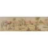 Arabs in the desert before a mosque, 19th century style tapestry, framed and glazed, 140cm x 48cm