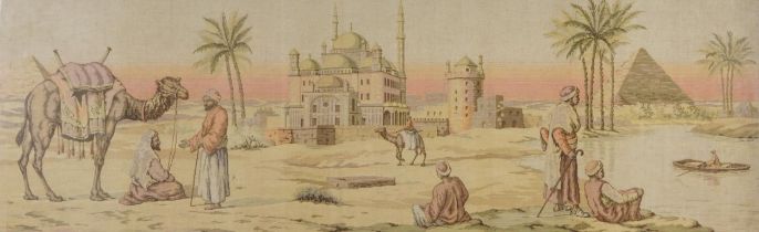 Arabs in the desert before a mosque, 19th century style tapestry, framed and glazed, 140cm x 48cm