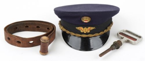 Railway cloth cap, handle and a leather belt : For further information on this lot please visit