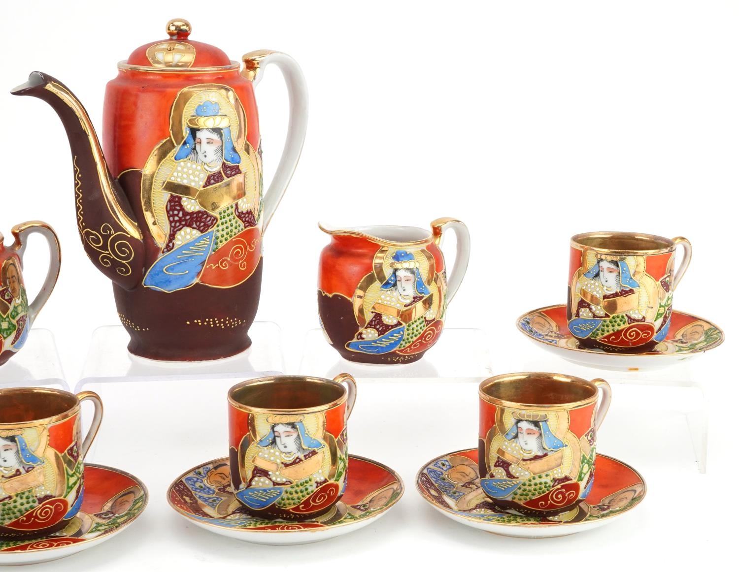 Japanese Satsuma part coffee service hand painted with icons, the coffee pot 18cm high : For further - Image 3 of 4