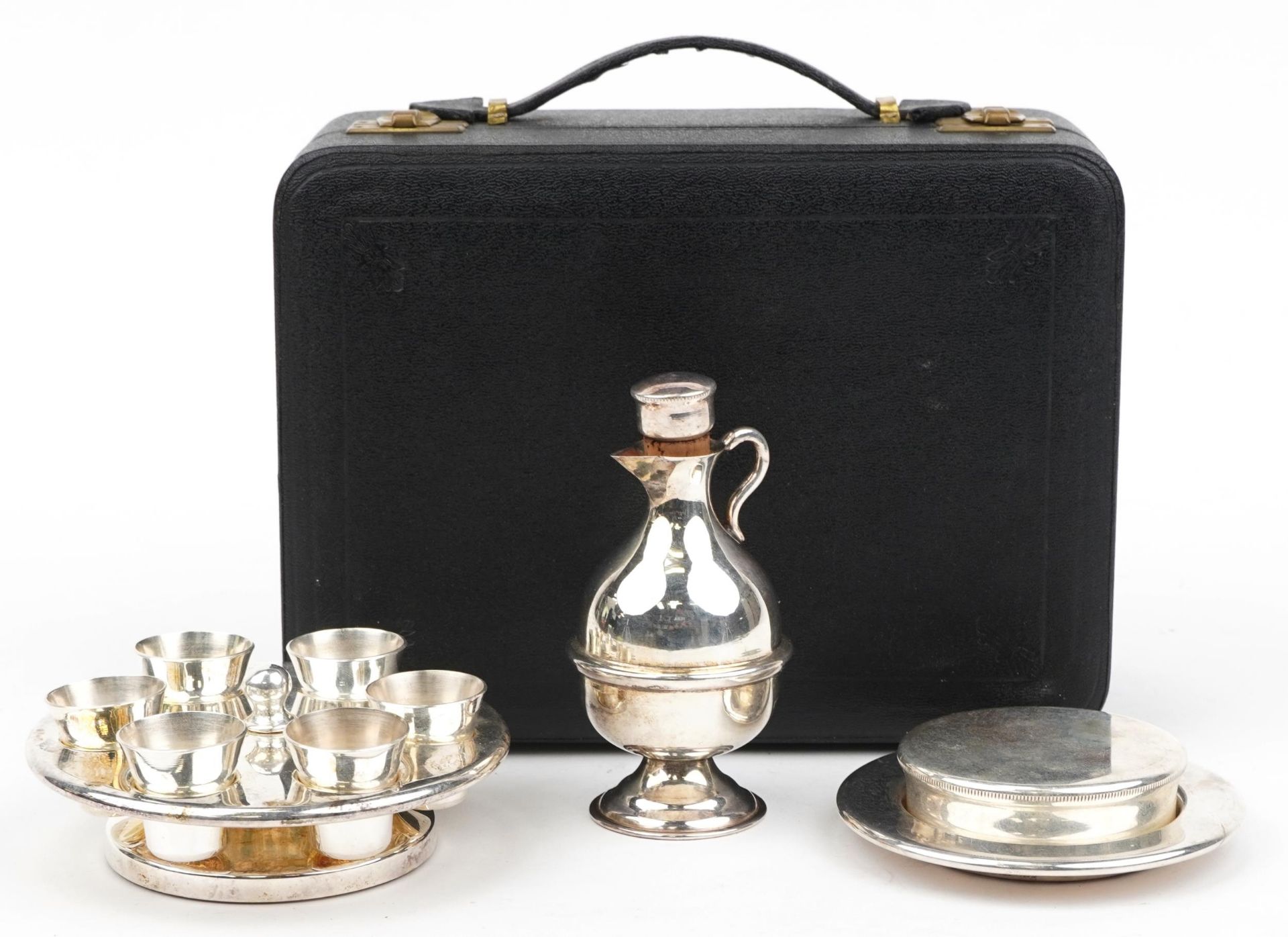 Late 19th/early 20th century silver plated holy communion set housed in a velvet and silk lined
