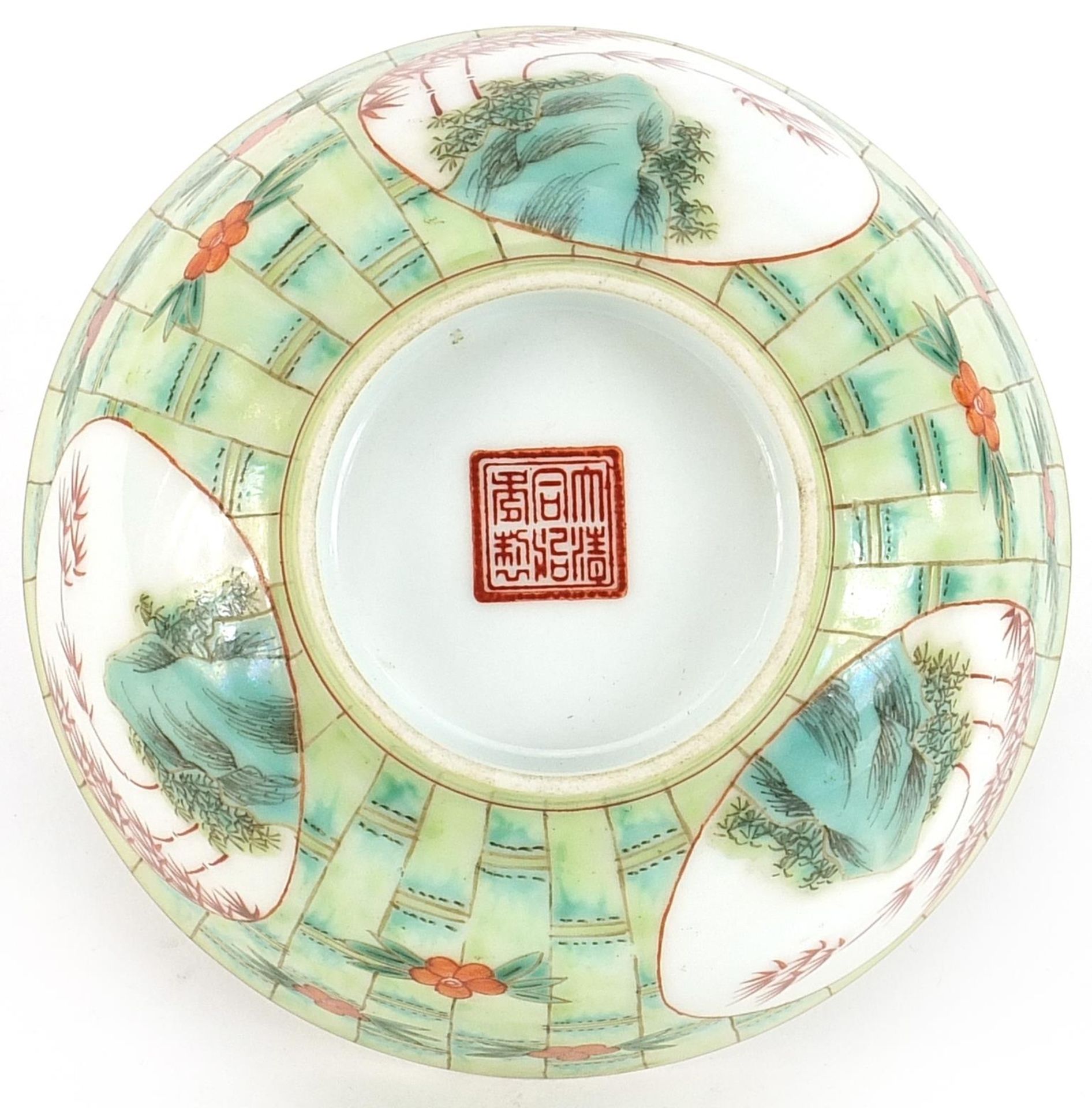 Chinese porcelain bowl hand painted with panels of bamboo groves onto a faux bamboo ground, six - Image 3 of 3