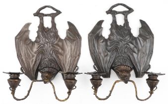 Pair of Art Nouveau style patinated bronze bat design wall sconces, 34cm high : For further