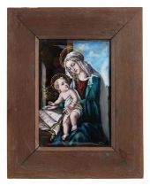 Limoges, 19th century French enamel plaque hand painted with Madonna and child, housed in a hardwood