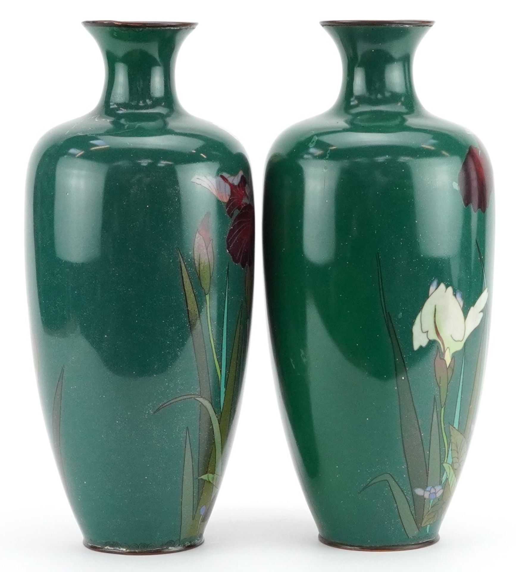 Large pair of Japanese cloisonne vases enamelled with iris, each 31cm high : For further information - Image 4 of 6