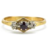 18ct gold ruby and diamond three stone ring, size O, 2.7g : For further information on this lot