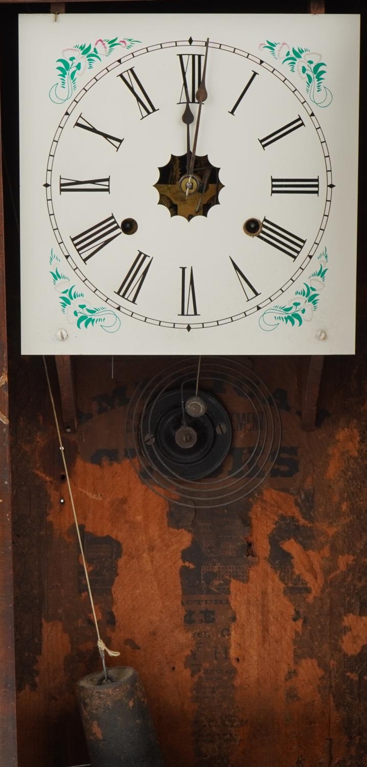 Three American walnut wall clocks with painted panels and dials having Roman numerals, each 66cm x - Image 3 of 5