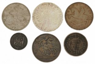 Antique and later British and world coinage including 1891 crown, 1935 Rocking Horse crown and