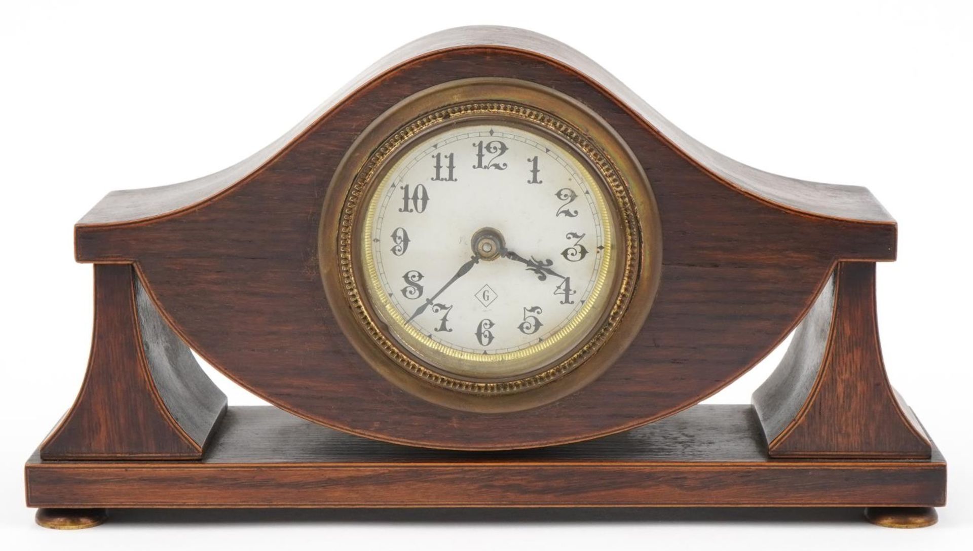 Edwardian inlaid rosewood mantle clock with circular dial having Arabic numerals, 28.5cm wide : - Image 2 of 4
