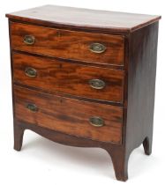 Georgian mahogany bow front three drawer chest with brass handles, 87cm H x 80cm W x 46cm D : For