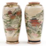 Pair of Japanese Satsuma pottery vases finely decorated with landscapes, character mark to the base,