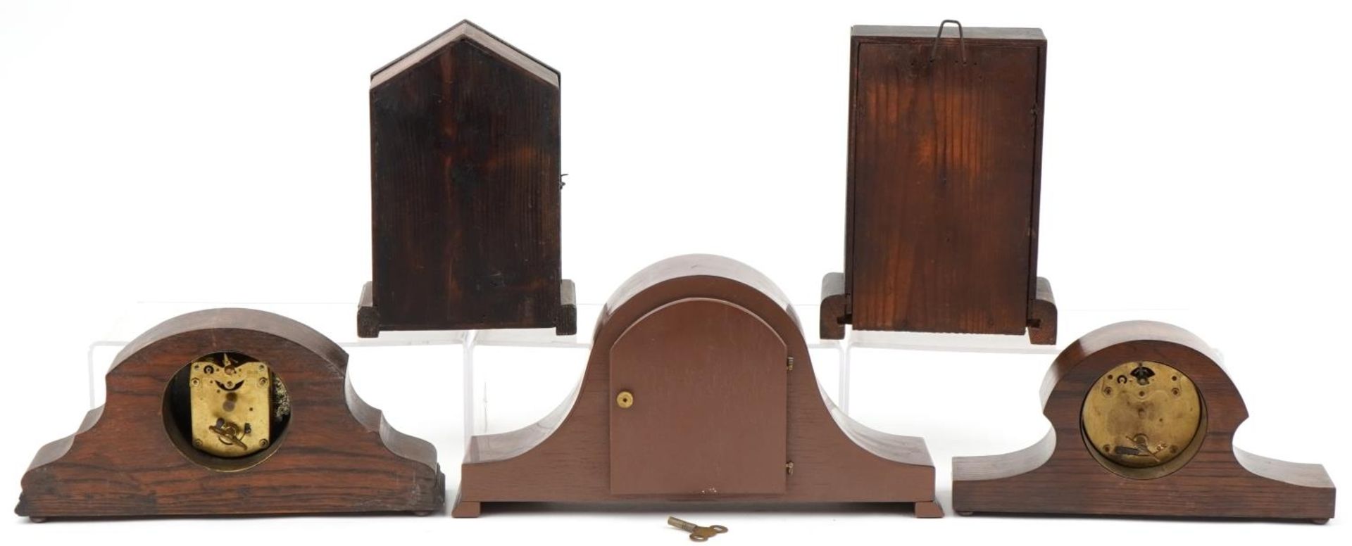 Five oak and mahogany mantle clocks including Smith Lever and Kieninger, the largest 36cm wide : For - Image 4 of 5