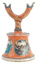 Indian Islamic Mughal candle stand hand painted with roundels of figures and calligraphy, 30cm