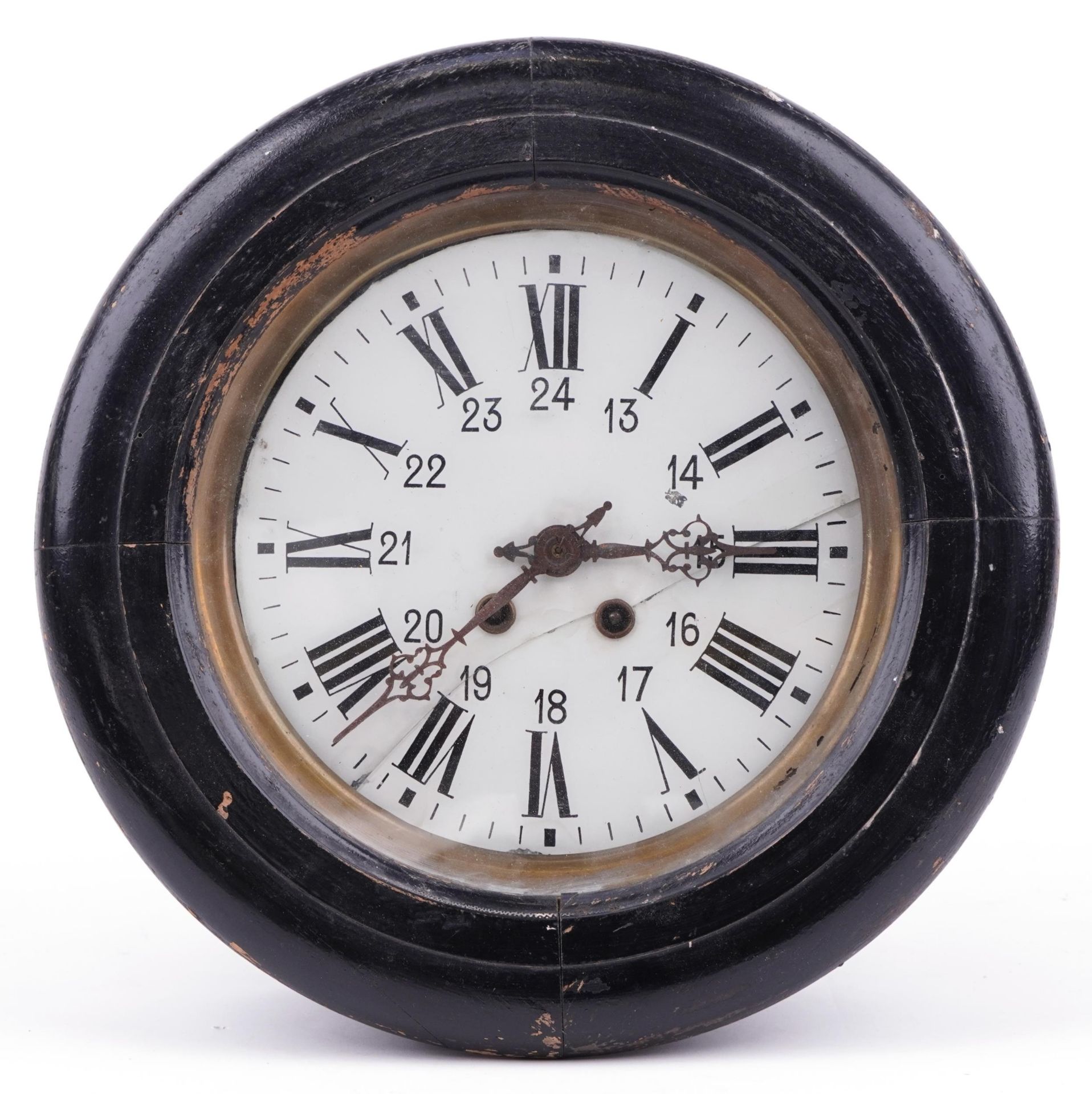 Ebonised wall clock with circular dial having Roman and Arabic numerals, 38cm in diameter : For