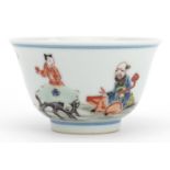Chinese doucai porcelain tea bowl hand painted in the famille rose palette with an emperor,