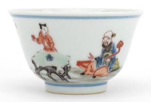 Chinese doucai porcelain tea bowl hand painted in the famille rose palette with an emperor,