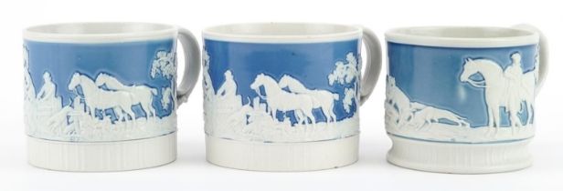 Three early 19th century Chetham & Woolley mugs decorated in low relief with continuous hunting